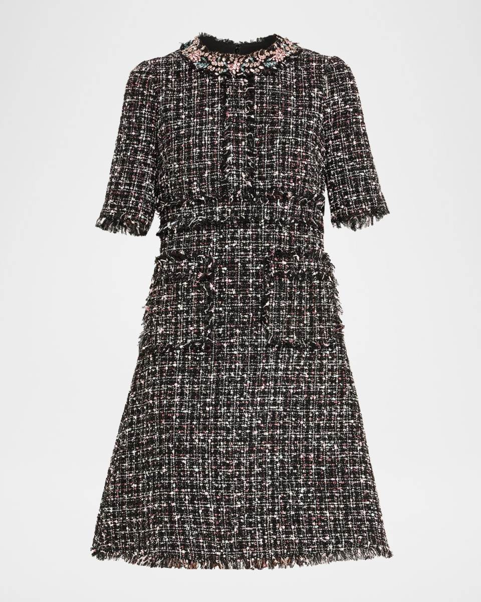 Crystal-Trim Fringed Tweed Dress